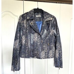 NWOT  Bagatelle Snake Skin Faux Suede Metallic Blue Silver Moto Jacket Size S